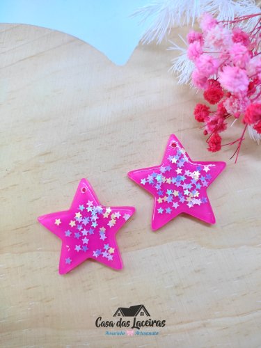 Aplique Acrílico - Estrela Pink Pingente - 2 Unidades