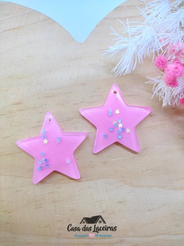 Aplique Acrílico - Estrela Rosa Pingente - 2 Unidades