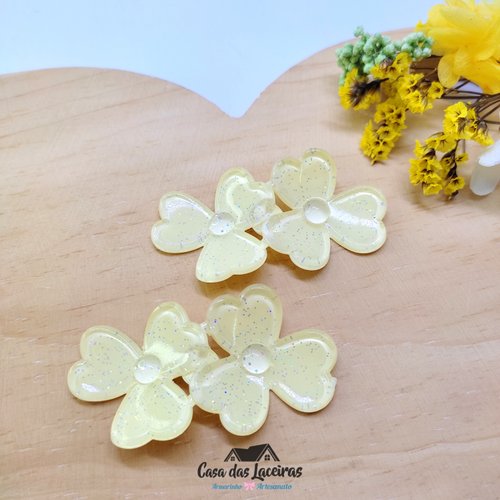 Aplique Acrílico - Flor Com Glitter Amarelo- 2 Unidades