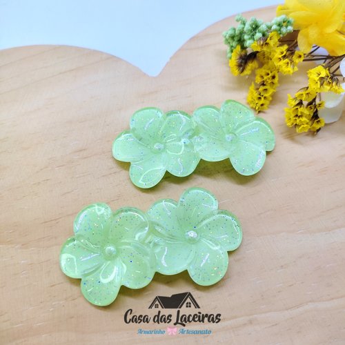 Aplique Acrílico - Flor Com Glitter Verde - 2 Unidades
