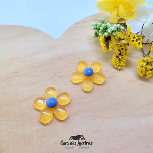 Aplique Acrílico - Flor Com Miolo Laranja-Pervinca - 2 Unidades