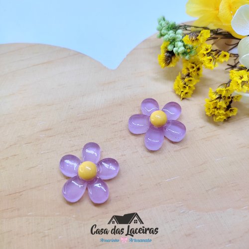 Aplique Acrílico - Flor Com Miolo Lilás-Amarelo- 2 Unidades