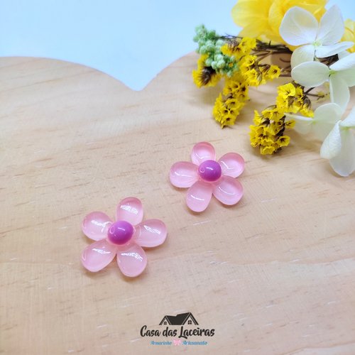 Aplique Acrílico - Flor Com Miolo Rosa-Pink - 2 Unidades