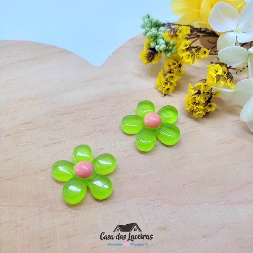Aplique Acrílico - Flor Com Miolo Verde-Salmão - 2 Unidades