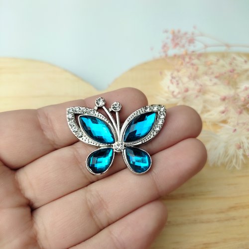 Aplique Borboleta Metal Strass - Azul Turquesa - Unidade