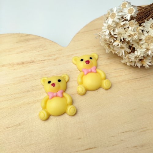Aplique Resina - Ursinho Amarelo Laço - 3,5cm - 2 Unidades