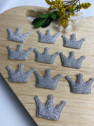 Aplique Tecido - Coroa Glitter Prata - 10 Unidades