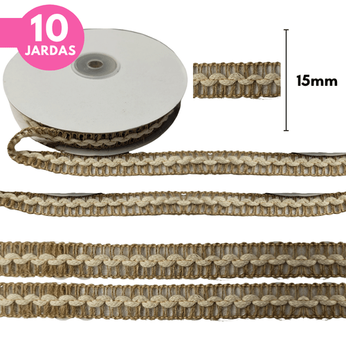 Fita Juta Trança Central 15mm - Bege e Branco - 10 Jardas
