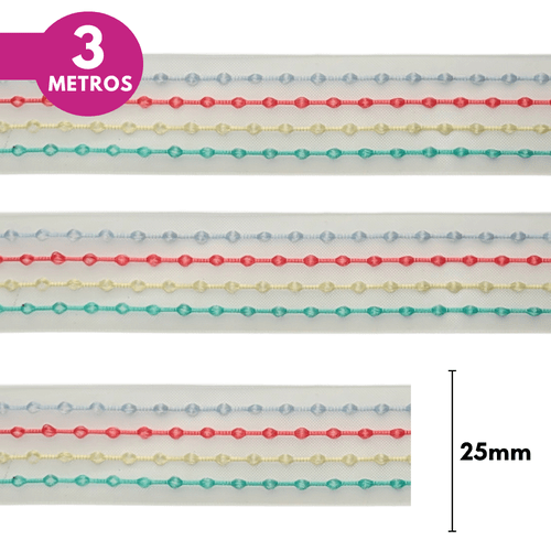 Fita Voal Pespontada 25mm - Cores Diversas - 3 Metros
