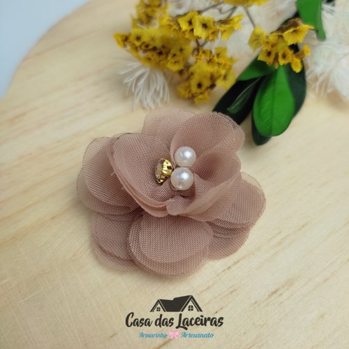 Flor Organza 4cm Com Pérola - Nude - Unidade